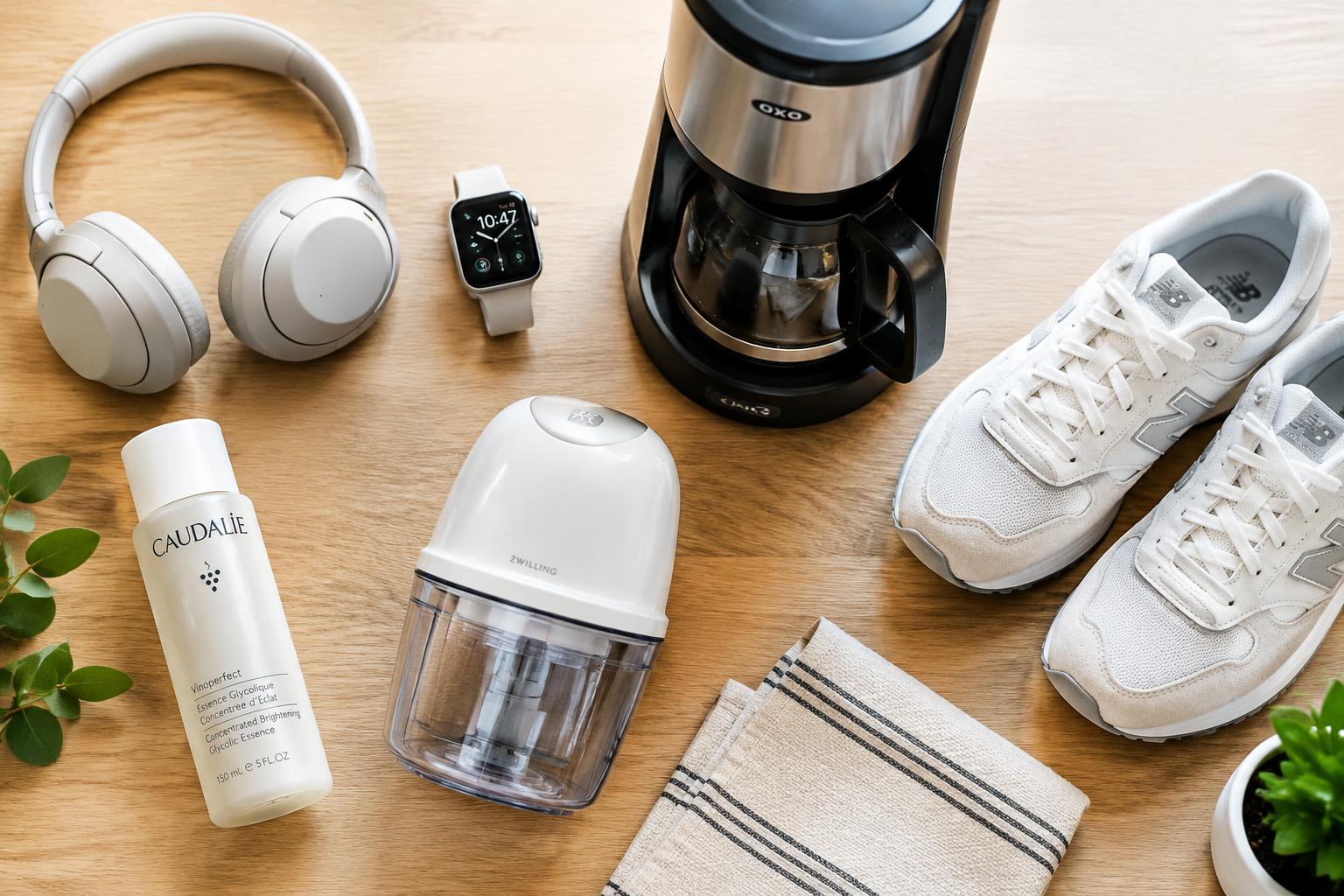 Popular everyday products arranged on a wooden table